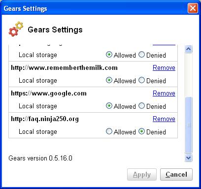 Google Gears Settings Window