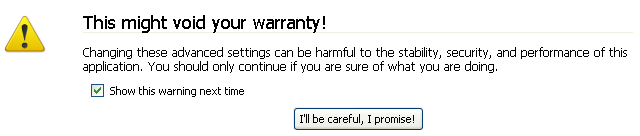 Fig: Firefox browser about:config warning message