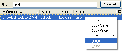 Fig: Set network.dns.disableIPv6 to true in Firefox