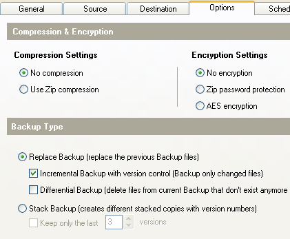 Fig: Free Windows Backup Software - Options Tab