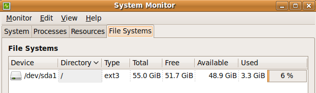 Ubuntu System Monitor Graphical Interface - File Systems Tab