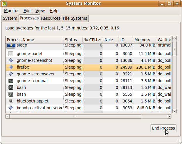 Ubuntu System Monitor UI - Processes Tab