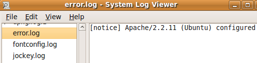 Ubuntu System Log Viewer showing Apache Error Log