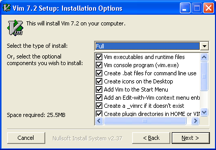 Vim for Windows XP - Select Installation Options
