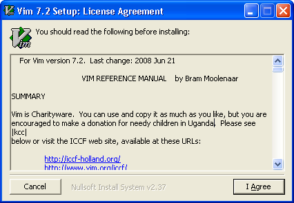 Vim editor for Windows 7 - Accept License Agreement